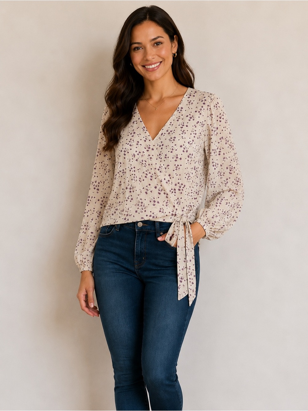 American Eagle Outfitters Cream Wrap Blouse with Purple Floral